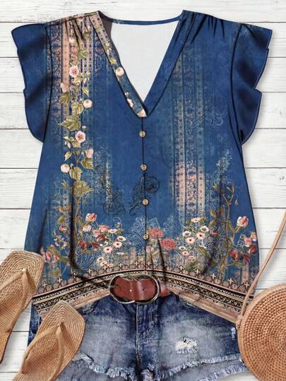 Rusticease Camisa de mujer con cuello en V con estampado floral retro casual, diseño minimalista adecuado para blusas bohemias de verano con estampado floral, ropa de mujer de otoño, blusas elegantes para mujer, casual