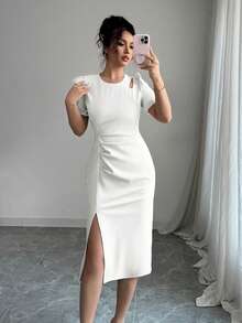 Elenzga Solid Color Round Neck Hollow Out High Slit Short Sleeve Dress - White - View 3