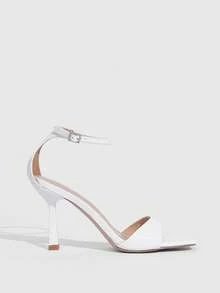 CUCCOO SZL Sandales à talons hauts fins avec bride à la cheville, décor de strass, bout carré, en satin noir. Convient pour le travail, les sorties, les mariages, les fêtes, les vacances, la Saint-Valentin et Noël - PU blanc - Voir 6