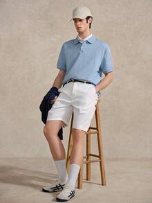 Manfinity 男士纹理针织 Polo 衫，浅蓝色/婴儿蓝纹理网球/高尔夫 Polo 衫，带口袋，透气，常规版型，父亲节礼物 - 淺藍色 - 查看 8