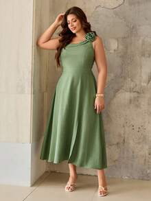 Roveilla Plus Size Women's Sage Green Summer Elegant Wedding Guest Maxi Dress, Floral Shoulder Strap Backless A-Line Party French Chic Dress - Green - View 7