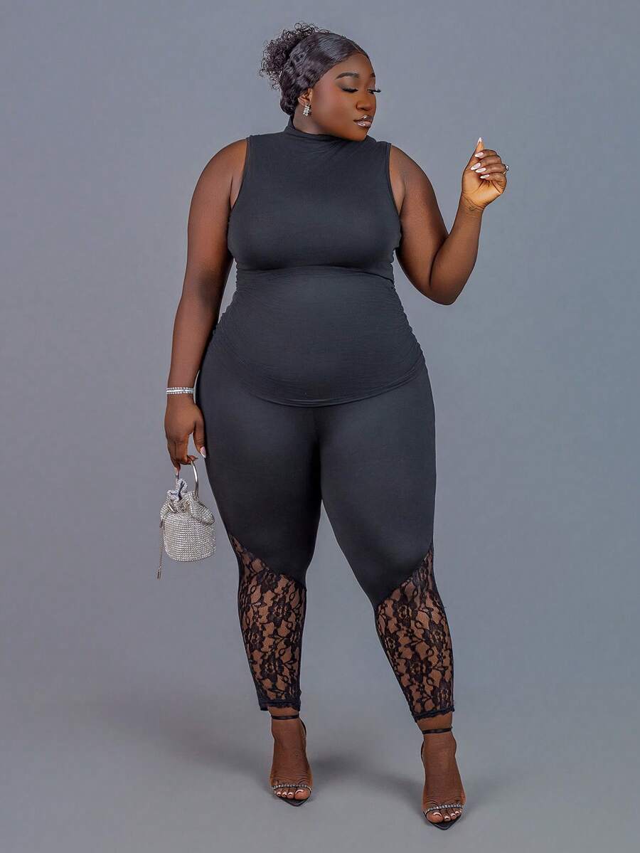 CurvyTilda 大尺碼抓皺修身立領背心上衣,女款演唱會穿搭,商務休閒黑色夏季女裝 - 黑色 - View 1