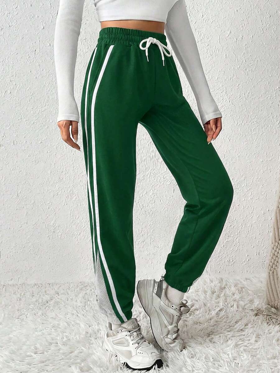 Cottnline Contrast Side Seam Drawstring Waist Slant Pocket Sweatpants - Army Green - View 1