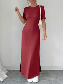 Selianne 女士V领开衩下摆纯色短袖连衣裙，长款女装，酒红色连衣裙，优雅长裙，修身长裙，红色长裙，女士短袖长款连衣裙，女士连衣裙，修身长裙，女士连衣裙，优雅经典连衣裙，高品质连衣裙 - 酒紅色 - 查看 3