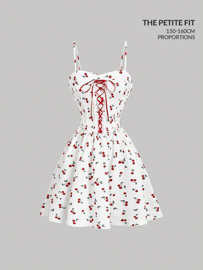 SHEIN MOD Petite Women's Summer Casual Cherry Print Criss-Cross Strap Camisole Mini Dress