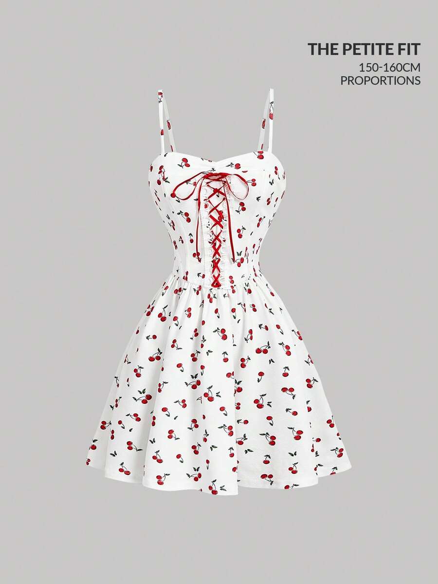 SHEIN MOD Petite Women's Summer Casual Cherry Print Criss-Cross Strap Camisole Mini Dress - Red and White - View 1