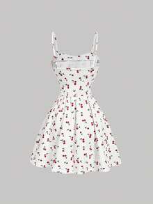 SHEIN MOD Petite Women's Summer Casual Cherry Print Criss-Cross Strap Camisole Mini Dress - Red and White - View 2