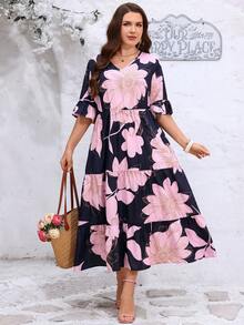 Miaspire Plus Size Navy Blue Floral Print Midi Dress For Women,Summer Boho Elegant Casual Vacation Holiday Outfits,Country Style Tea Party Mothers Day Dress - Multicolor - View 7