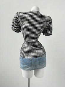 Sunspun Casual Round Neck Double-Breasted Pleated Fitted Shirt - Black and White - View 2