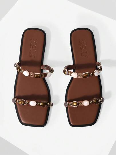 MOTF SPRING AND SUMMER NEW OUTDOOR WOMEN'S FLAT BOTTOM SQUARE TOE RHINESTONE SIMPLE SLIPPERS WOMEN'S THICK BOTTOM NON-SLIP OPEN-TOED CASUAL VERSATILE BEACH SLIPPERS