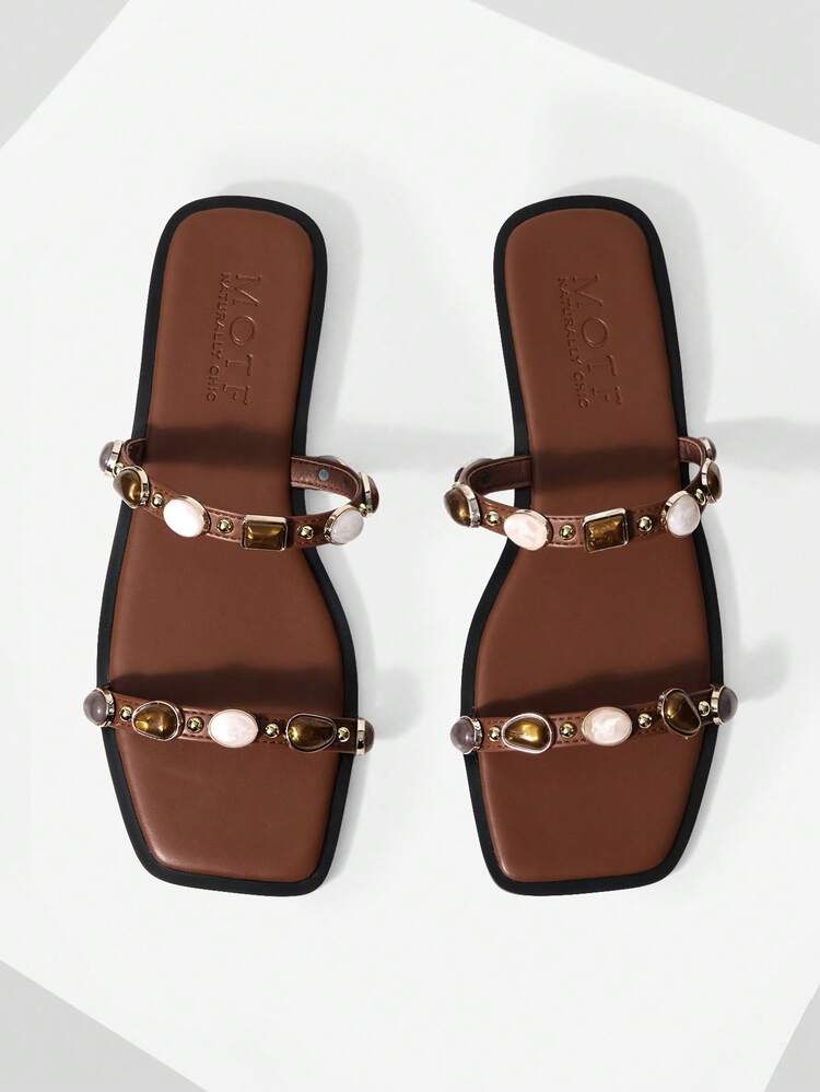 SPRING AND SUMMER NEW OUTDOOR WOMEN'S FLAT BOTTOM SQUARE TOE RHINESTONE SIMPLE SLIPPERS WOMEN'S THICK BOTTOM NON-SLIP OPEN-TOED CASUAL VERSATILE BEACH SLIPPERS SPRING SHOES SUMMER SHOES