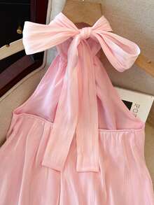 Franclia Women's Halter Neck Tie Vest, Elegant Vest, Three-Dimensional Floral Vest, Glossy Vest, Flowy Organza Vest, Versatile And Fashionable Vest, Sexy And Alluring Backless Vest, Romantic Spring And Summer Vacation Vest, Summer Outfit Vest - Pink - View 6