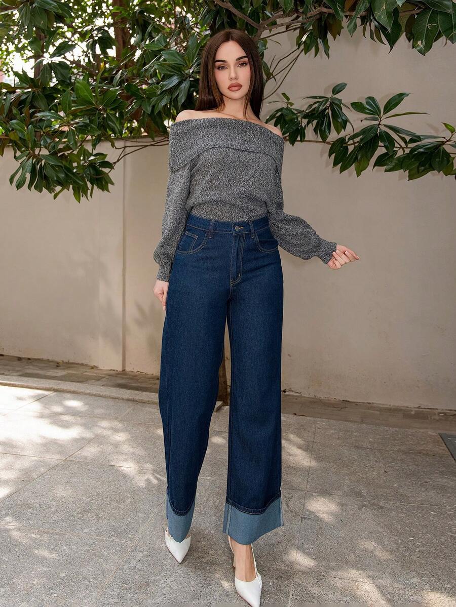 Bris Aura 女士休闲新款时尚经典蓝色直筒牛仔裤，带口袋 - 寶藍色 - 查看 1