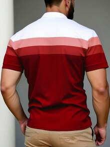 Manfinity Homme Plus Size Men's Knight Print Striped Short Sleeve Casual Polo Shirt - Red - View 2