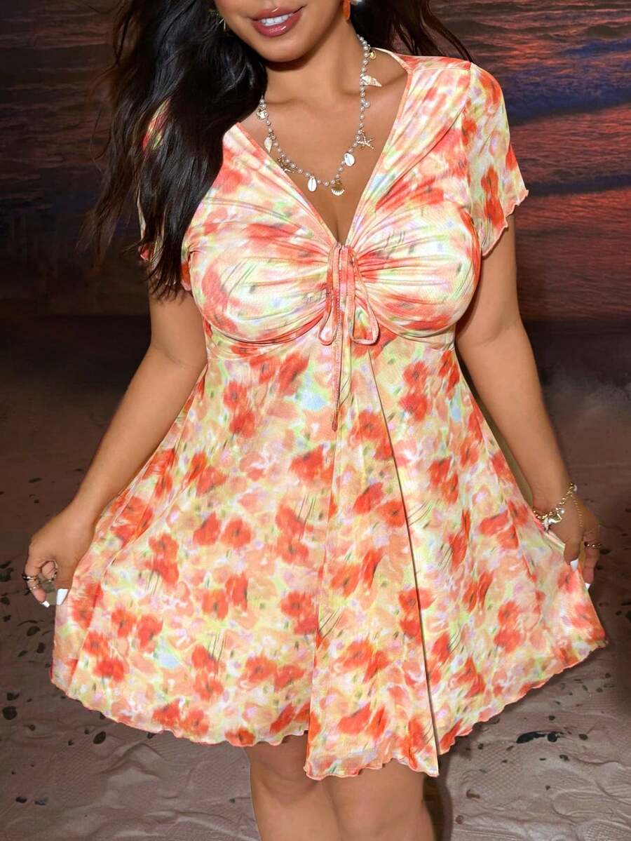 SHEIN EZwear Cherry Print Elastic Ruched Waist A-Line Plus Size Dress, Spring/Summer - Orange - View 1