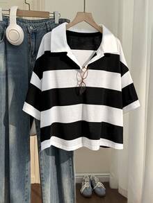 Comfortcana Plus Size Black Striped Loose Short Sleeve Polo Neck T-Shirt - Black and White - View 1