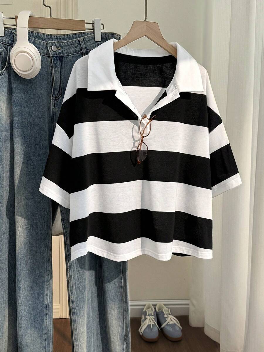 Comfortcana Plus Size Black Striped Loose Short Sleeve Polo Neck T-Shirt - Black and White - View 1