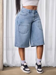 Slaydiva 女士宽松休闲阔腿牛仔裤，带数字图案口袋 - 淺色水洗藍 - 查看 6