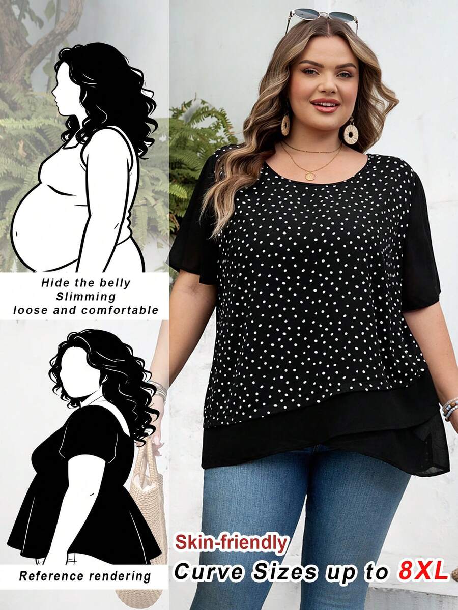 SHEIN CURVE+ قميص كاجوال بأكمام قصيرة وياقة مستديرة للنساء ذوات الأحجام الكبيرة مطبوع بنقاط بوهيمي لموسم الربيع، مناسب لحفلات الموسيقى والعطلات الساحلية، المقاس الأمريكي 22