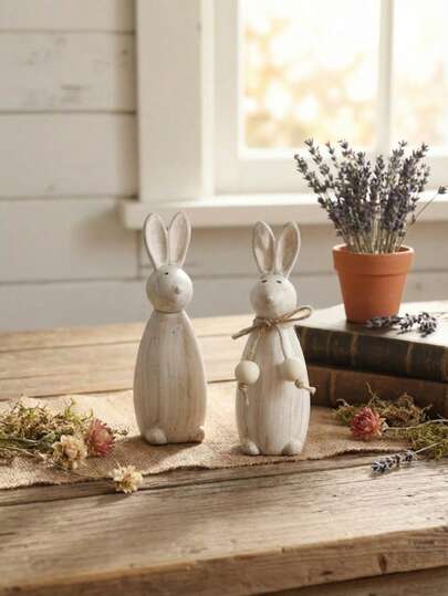 Cirelle 1个可爱木制兔子摆件 - 手工制作的做旧风格兔子装饰品，带蝴蝶结，家居装饰和独特的复活节礼物