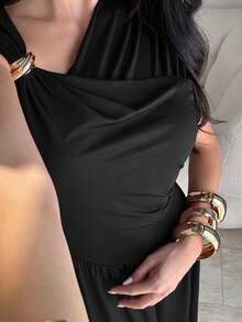 Modelyn 春夏休闲优雅通勤、日常约会、生日派对、办公室着装、闺蜜小聚、轻盈晚礼服、单肩露肩金属扣装饰伞裙、中长裙、A字裙、无袖棕色针织女式中长连衣裙、黑色连衣裙、正式女装 - 黑色 - 查看 8