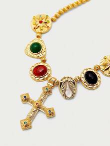 Glisma 18K Gold-Plated 1pc Textured, Metallic, Rhinestone, Cubic Zirconia Cross Beaded Y2K Necklace, Suitable For Party, Casual, Concert/Festival, Night Club, Wedding, Holiday, Vacation, Camping - Gold - View 3