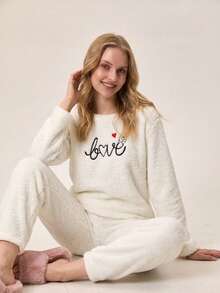 Loomlin 2Pcs Pelush Love Embroidery Detail PJ Set - White - View 1