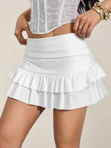SHEIN PETITE Women's Simple Solid Color Ruffle Hem Skirt, Summer ,Petite Women - White - View 3