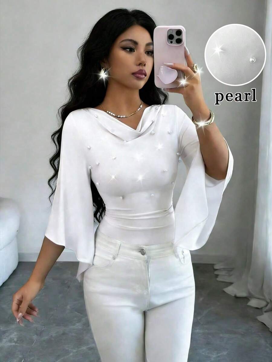 Elenzga Áo thun nữ dệt kim cổ đính ngọc trai, vạt xéo, tay lỡ 3/4, dáng ôm vừa vặn, thanh lịch, thích hợp đi làm, đi nghỉ mát, dự tiệc, ăn tối, dạo phố, mùa xuân/hè. - trắng - Xem 1