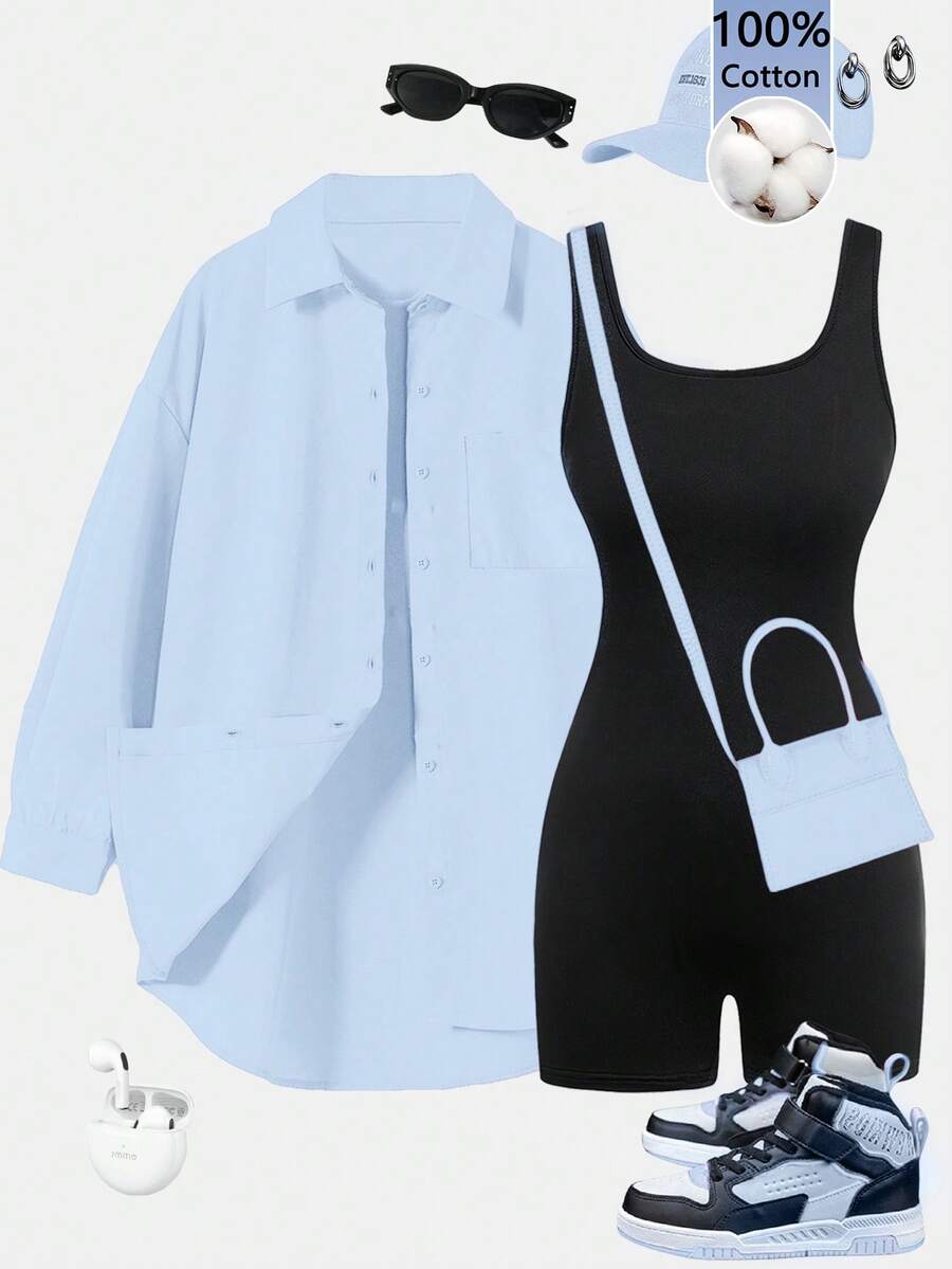 SHEIN Essnce 100%純棉淺藍色Y2K街頭風2件套,寬鬆襯衫與修身黑色連身褲,女款夏季休閒度假運動休閒套裝 - 彩色 - 查看 1