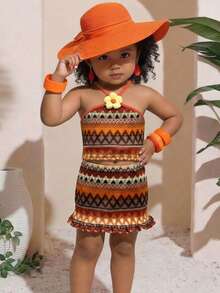 SHEIN Babygirl Cute Summer Casual Vacation Jacquard 3D Floral Camisole & Mini Skirt Set - Multicolor - View 3