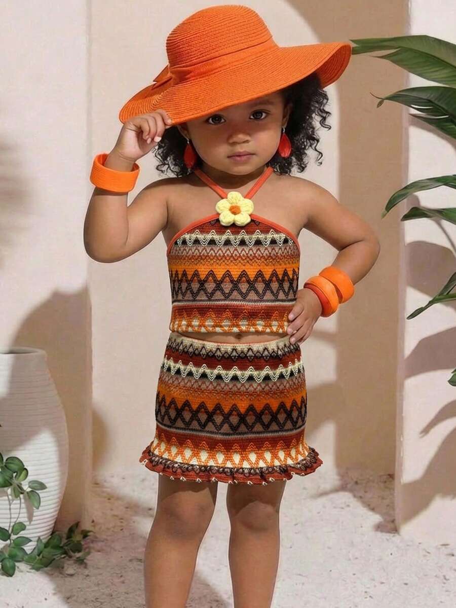 SHEIN Babygirl Cute Summer Casual Vacation Jacquard 3D Floral Camisole & Mini Skirt Set - Multicolor - View 1