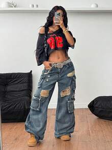 Coolane 女士街头风酷炫复古运动足球球衣字母印花 Y2K 酷炫短款百搭T恤 - 黑色 - 查看 6