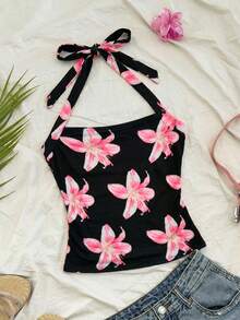 SHEIN 少女度假针织粉色芙蓉花印花露背吊带衫，腰部褶皱修身时尚款式，适合春夏季节、派对、约会、情人节、下午茶、复活节、狂欢节、海滩游轮度假等场合。 - 彩色 - 查看 6