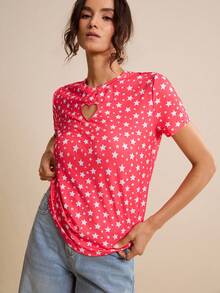 LOTSLUV Women's Red Star Print Casual T-Shirt With Heart Cutout Detail, Spring/Summer, Star Print Top, Heart Cutout Top, Red Star Top, Womens Tops, Short Sleeve Top - Hot Pink - View 1