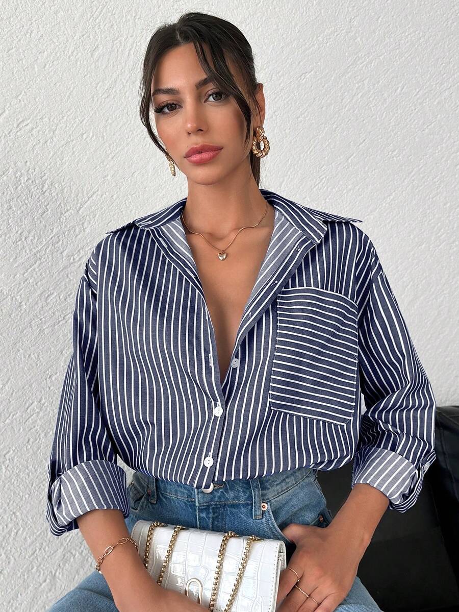 SHEIN Cottnline Striped Print Drop Shoulder Shirt - Navy Blue - View 1