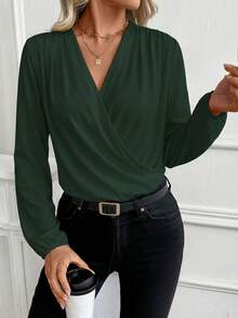 Blusa unicolor de cuello profundo de manga farol - Verde Oscuro - Ver 3