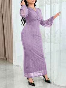 Feyla Damen V-Ausschnitt Twist Design Laternärmel elegantes Kleid - Grauviolett - Übersicht 4