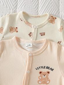 SHEIN Bộ 2 món áo liền quần cho bé sơ sinh, unisex, in hình gấu nâu, tay dài, cổ tròn, thích hợp cho mùa xuân và mùa thu. - Màu vàng - Xem 4