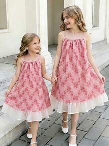 SHEIN Elladie kids 女童梭织网纱刺绣百合花缎面荷叶边吊带连衣裙，适合夏季日常穿着、外出、旅行、度假和聚会。 - 粉色 - 查看 4