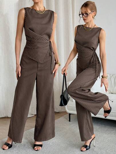 Siren Gaze Siren Gzae Brown Work Outfits For Women Women's Casual Commuter Striped Tie Camisole And Pants 2 Pieces Set, Summer