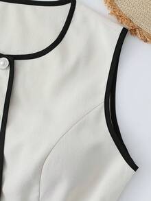 Franclia 女士休闲无袖圆领撞色滚边纹理亚麻混纺背心，适合春夏穿着，米色 - 卡其色 - 查看 3