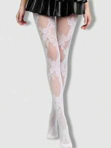 ROMWE Goth Medias de red sexy con diseño calado y alta elasticidad con estampado floral, adecuadas para el uso diario de las mujeres - Blanco y Negro - Ver 5