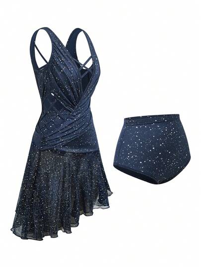  Menodora SHEIN Sport Women's Professional Latin Dance Costume V-Neck Sleevelessss Backless Dress With Underwear Set Other Dance Wear Women's Latin Dance Fringe Cover Skirt Women's Solid Color Patchwork Fringe Skirt, Other Dance Wear