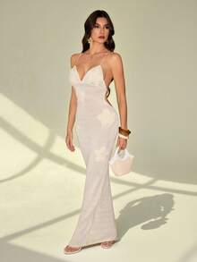 SHEIN Tall 手工钩编紧身3D立体花卉吊带裙，适合浪漫约会/海滩度假、春夏穿着，修身连衣裙，波西米亚风女装 - 杏色 - 查看 5