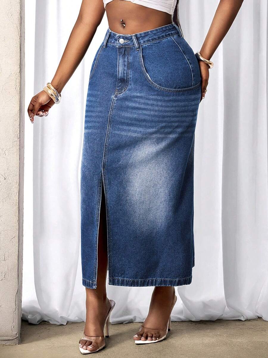 Slaydiva Chân váy denim xẻ tà dáng casual dành cho nữ - Rửa trung bình - Xem 1