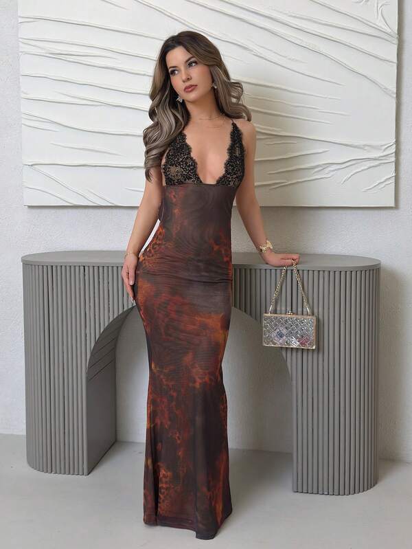 Jemour 女式针织网眼印花 V 领露背修身连衣裙