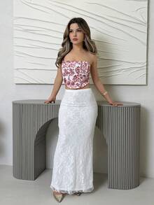 Jemour Jupe de demoiselle d'honneur Vacances Jupe en dentelle de couleur unie pour femmes Automne Jupe de fête, de dîner pour femmes, Élégante jupe pour femmes, pour l'automne et l'hiver - Blanc - Voir 5