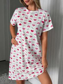 SHEIN Cotton Line 女士爱心蝴蝶结印花休闲舒适圆领短袖睡衣 - 彩色 - 查看 1