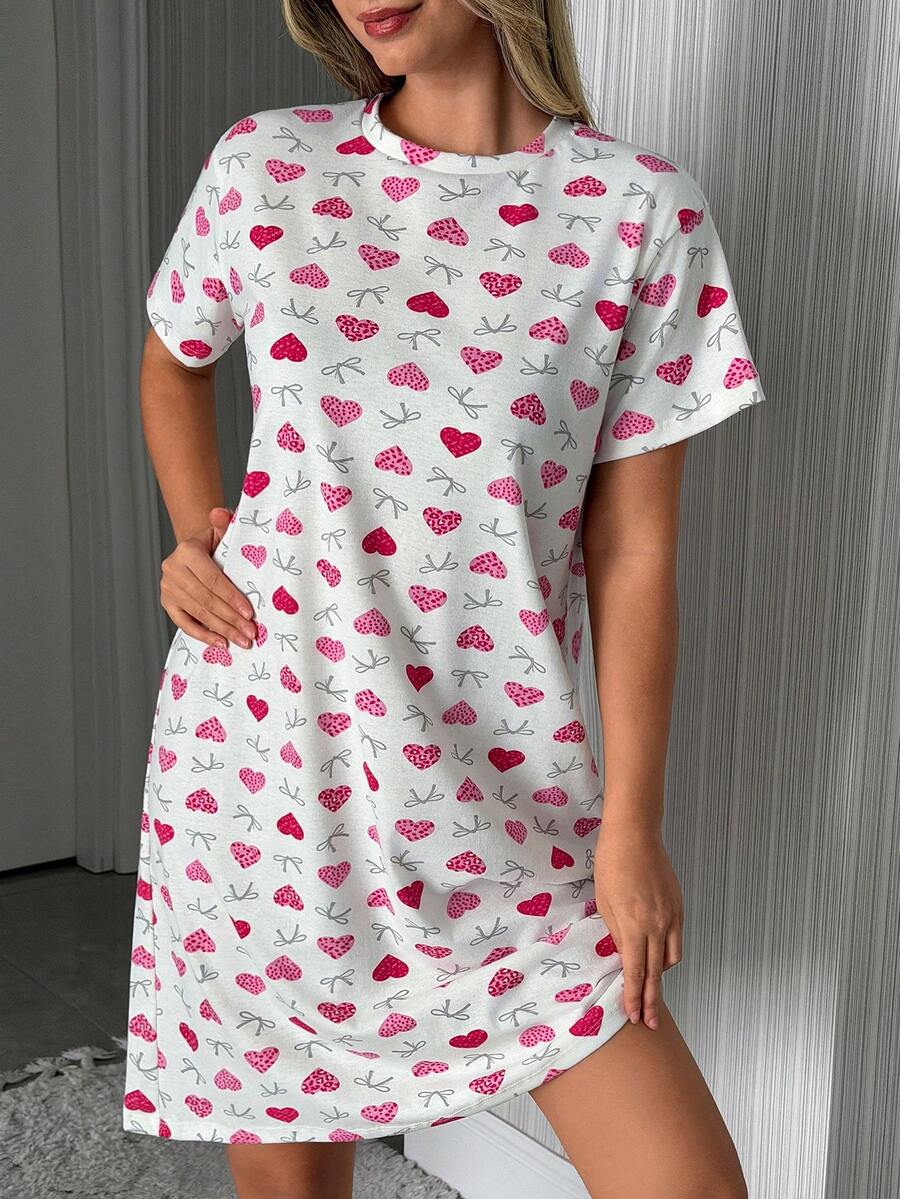 SHEIN Cotton Line 女士爱心蝴蝶结印花休闲舒适圆领短袖睡衣 - 彩色 - 查看 1